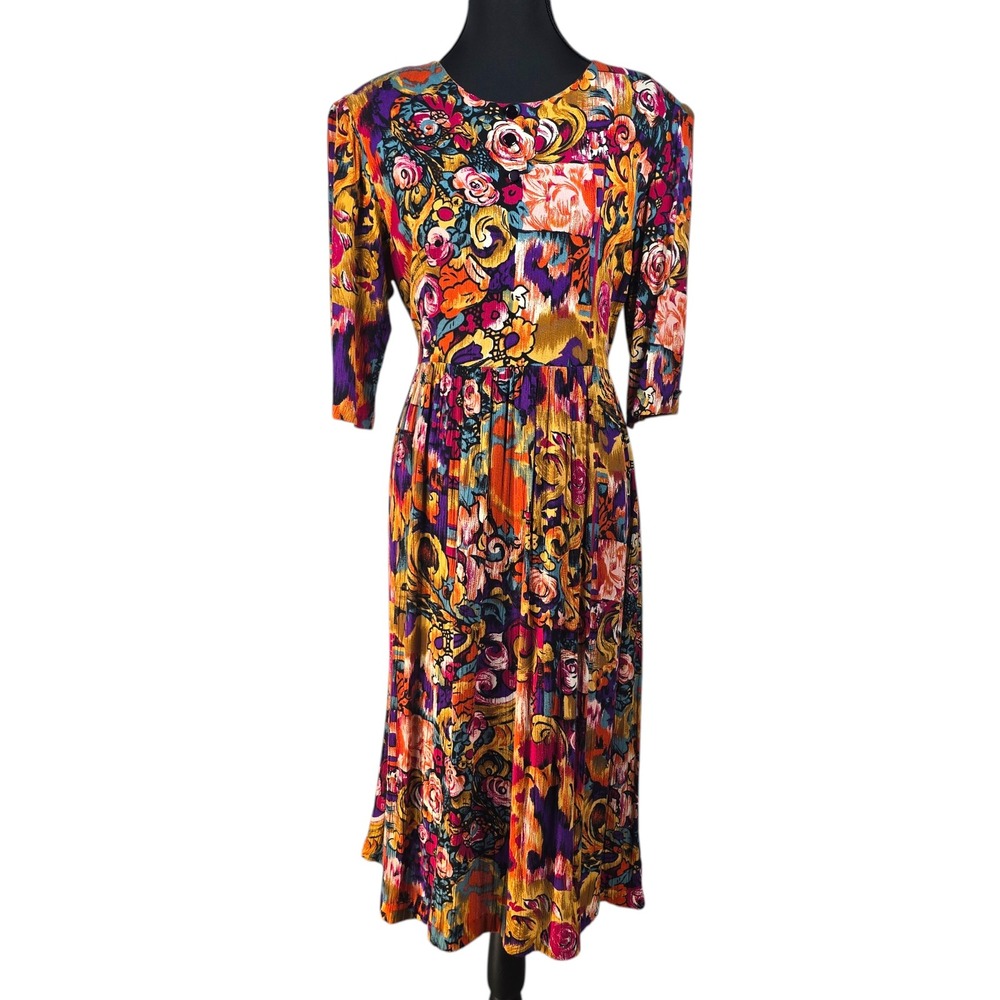 The Traveler by Connie‎ Vintage 90s Floral Midi Dress Multicolor Woman Size 8